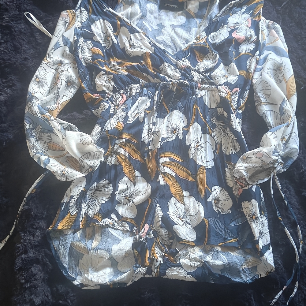 MINKPINK Blue and White Floral Wrap Romper, With Open Shoulders, Low Neck. It's